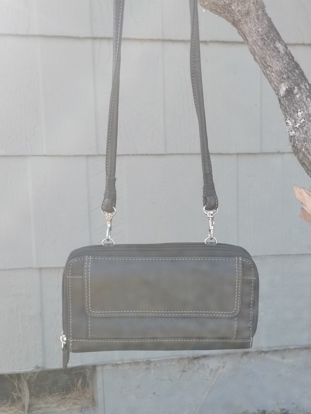 Tignanello Gray Leather Crossbody Wallet with Contrast Stitching